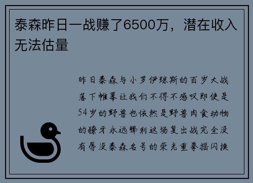 泰森昨日一战赚了6500万，潜在收入无法估量
